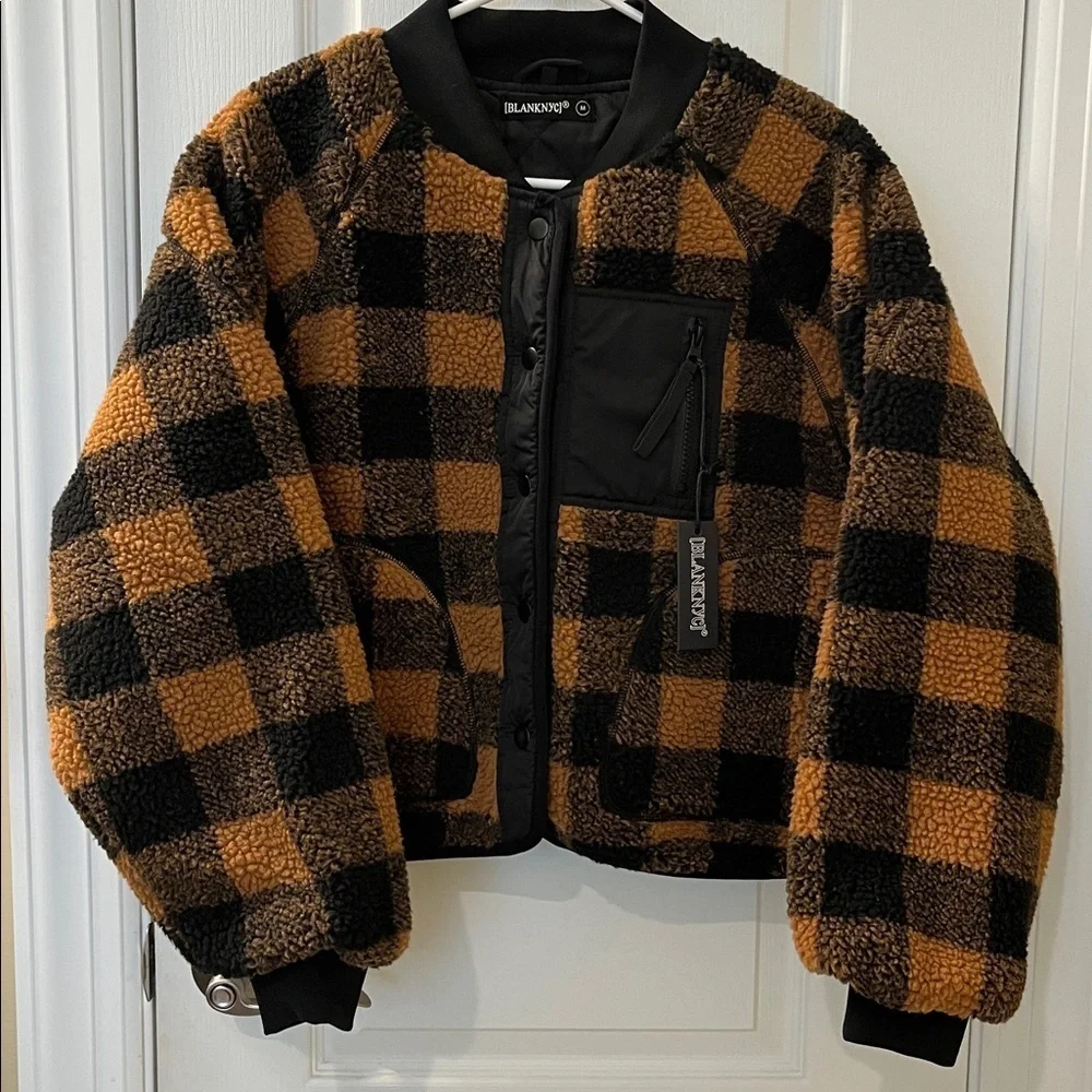 🆕 Blank NYC Women's Checkered Bomber Jacket Size M Pockets Casual Faux Sherpa